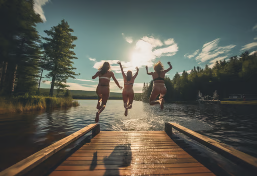 a group of friends plunging into a lake in Anderson Island, WA a group of friends plunging into a lake in Anderson Island, WA