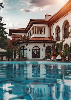 The outdoor pool of a Turkey vacation home, with the water reflecting the building