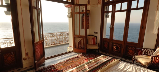 Turkish vacation home bedroom with ocean view balcony