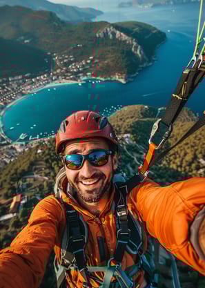 A paraglider takes a selfie, with the coast of Fethiye visible in the background