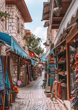 Boutique shops lining the historic narrow alleys of Kas, Turkey