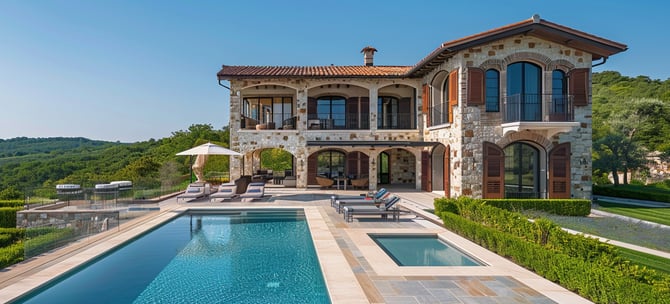 The outdoor pool and facade of a Turkey heritage home vilal rentalThe outdoor pool and facade of a Turkey heritage home vilal rental