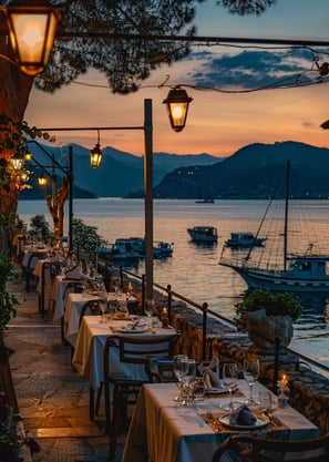 Upscale al fresco dining on a harbor in Marmaris, Turkey