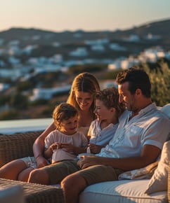 a family sitting on a couch in a patio