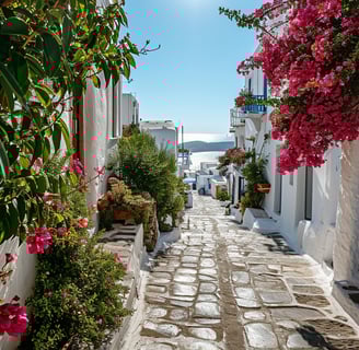a narrow cobblestone street in Mykonos