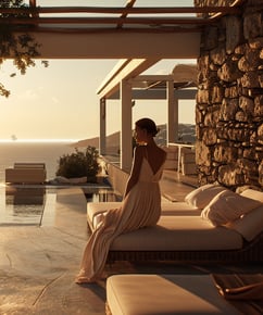 a woman in a white dress standing in front of a stone wall