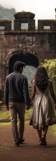 a couple walking towards a building