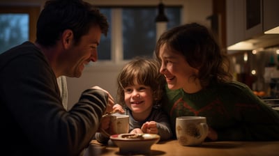 A family enjoying hot chocolate at the kitchen of a rental home in Missouri during nighttime.