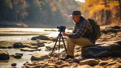 a professional photographer setting up his gear by the Ozark Scenic Riverways in Ava, MO.