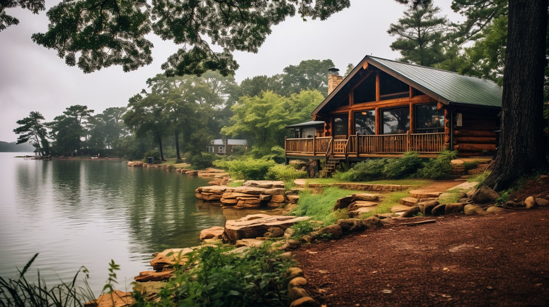 a wooden ava misssouri cabin by the lake on a rainy-day