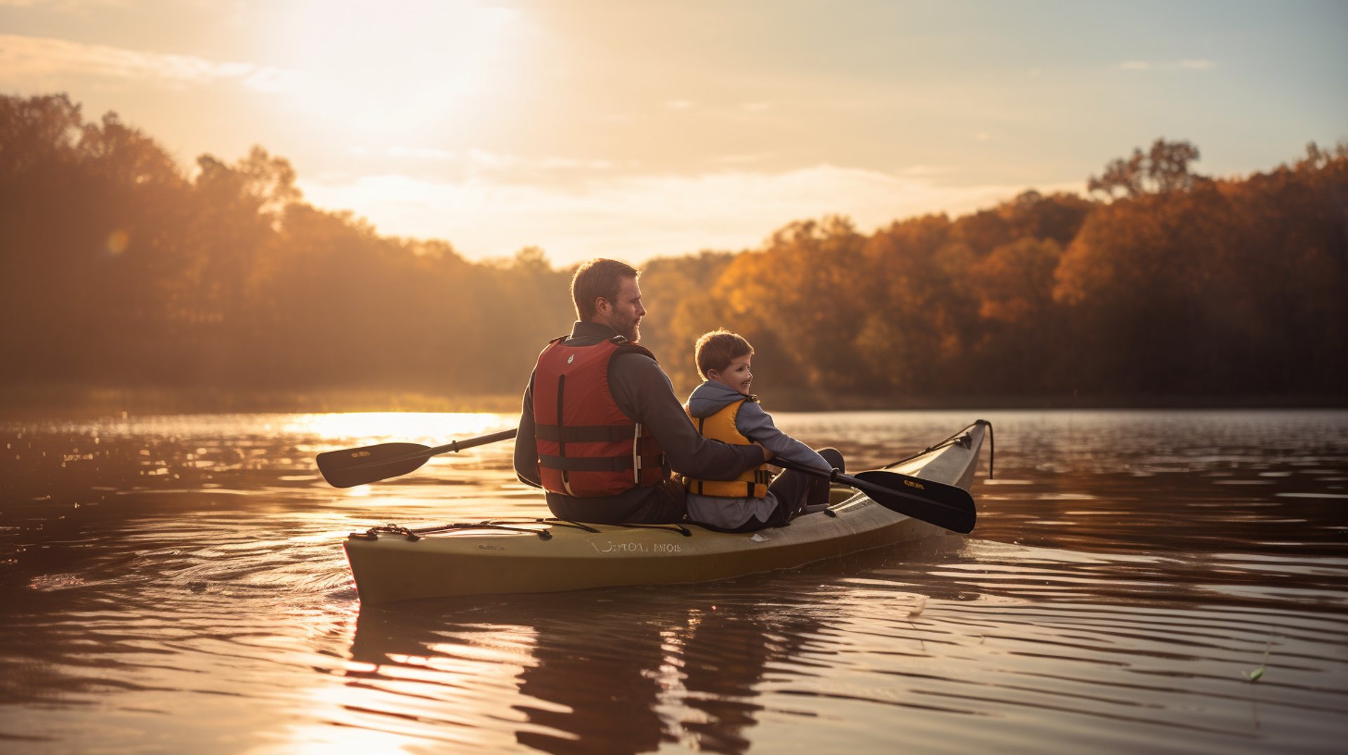 father and son in a kayak while on a lake in ava missouri
