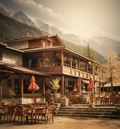 cup of coffee at a table with a view of the mountain in the distance. 