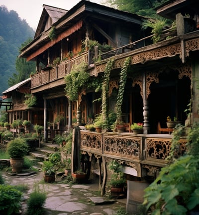 large balcony, surrounded by lush greenery and the clear blue sky