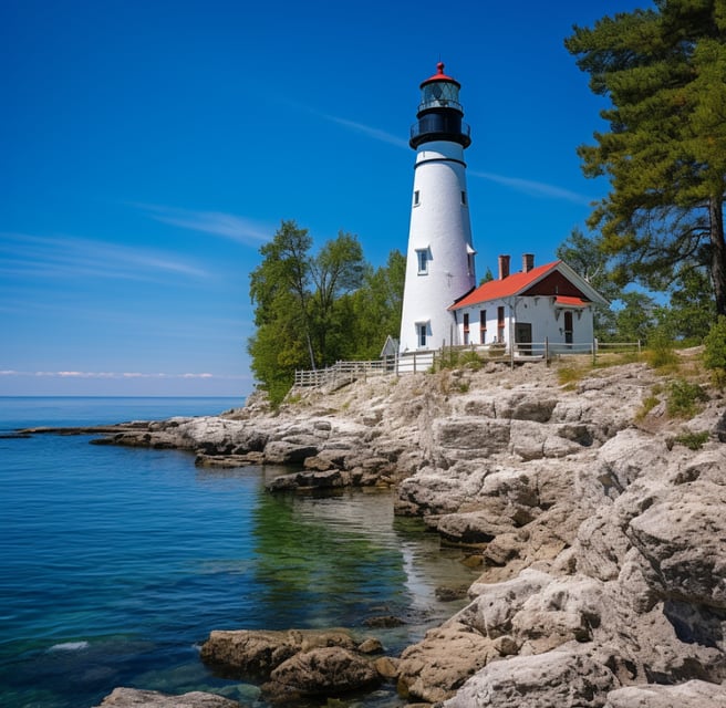 A lighthouse on a rocky shore with a red roof
