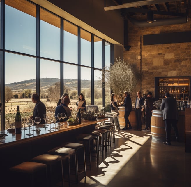 A group of people standing around a bar with wine glasses