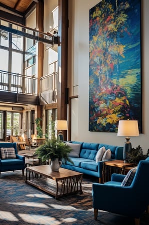 Hotel lobby with stairs, luxurious furniture, and a vibrant painting on the wall.