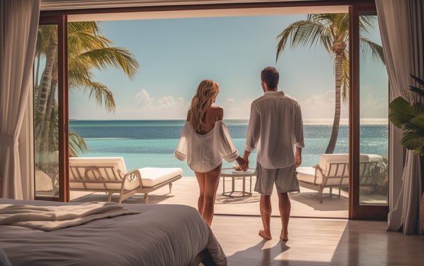 a couple enjoying the beach view from the bedroom of their luxury villa rental in the Bahamas