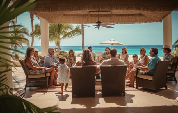 a large family gathered in the outdoor space of their Abaco Island vacation home in the Bahamas