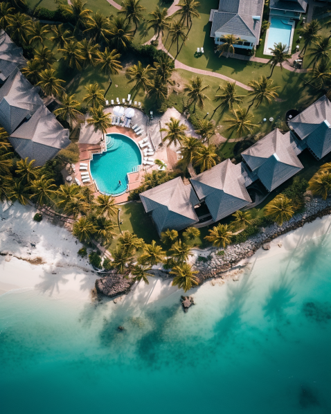 aerial view of beachside vacation homes in the Abaco Islands, Bahamas