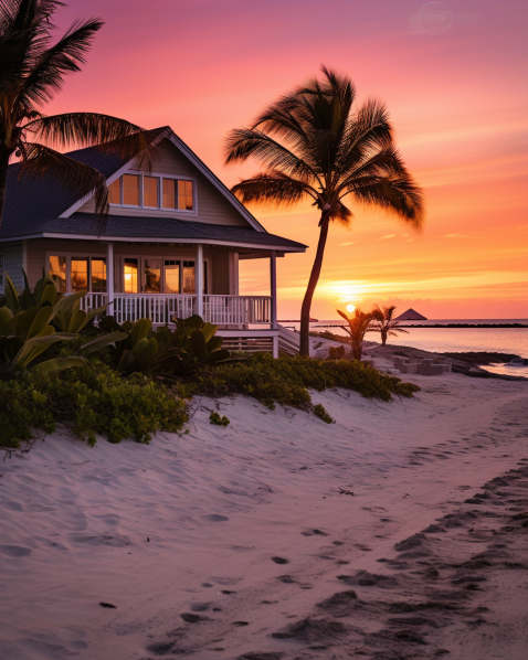 beachside cottage in the Abaco Islands, Bahamas at sunset