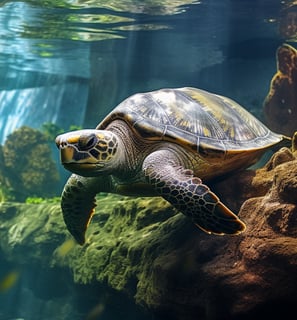 A turtle  swimming under water