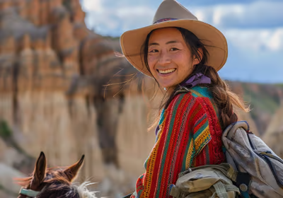 an Asian woman enjoying her cultural travel experience in Peru