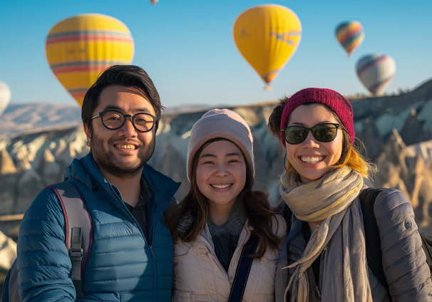 a group of travelers posing for a photo during the Cappadocia hot air balloon festival in Turkey a group of travelers posing for a photo during the Cappadocia hot air balloon festival in Turkey
