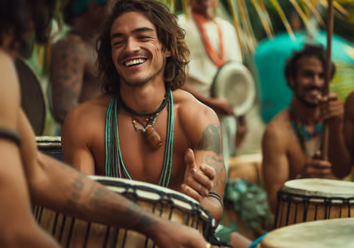 a male traveler engaging with the locals during their festival