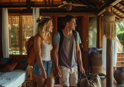 a couple settling into their vacation rental in Mexico