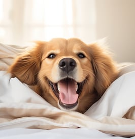 Joyful Pup Basking in Morning Comfort.