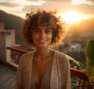 A woman with curly hair standing on a balcony, enjoying the sunset