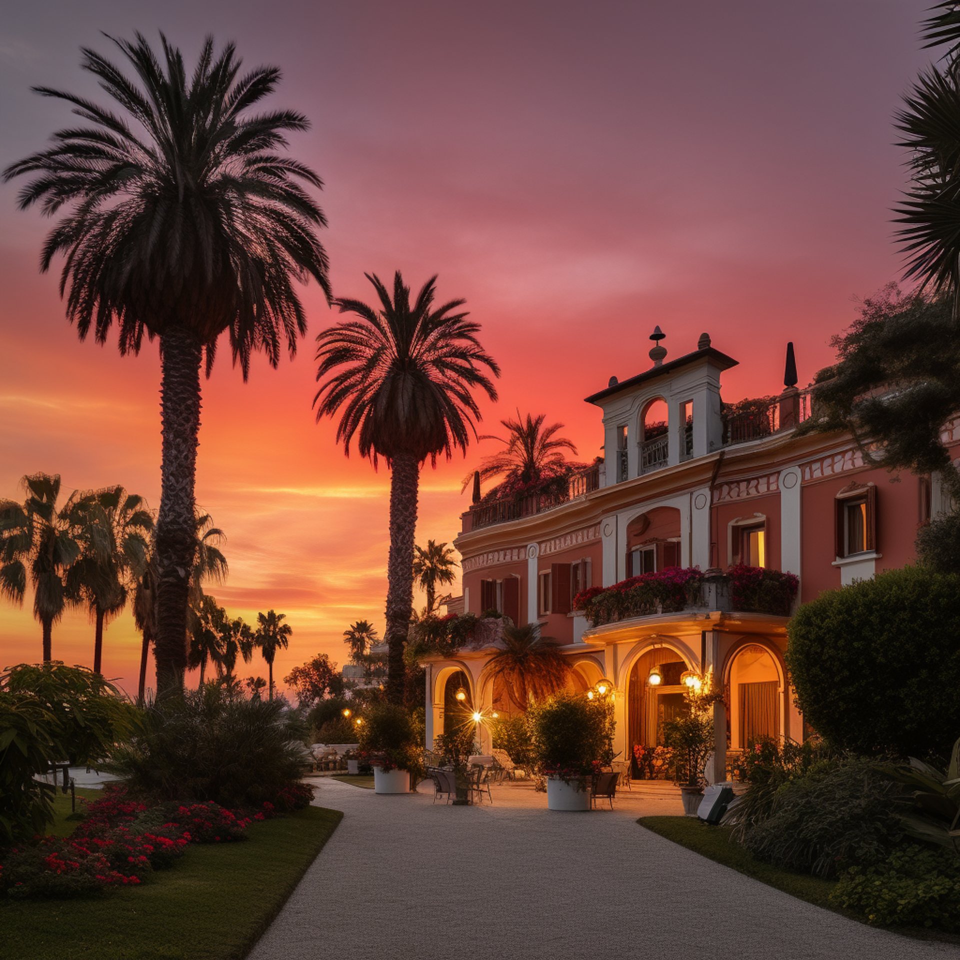A stunning mansion surrounded by palm trees under a colorful sunset sky