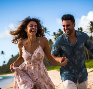 A man and woman holding hands, running barefoot on the sandy beach with waves in the background