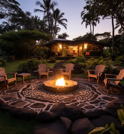 A fire pit surrounded by lush green grass