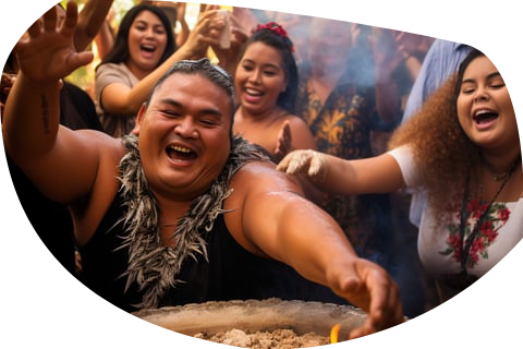 A man laughing and holding a fire pit A man laughing and holding a fire pit