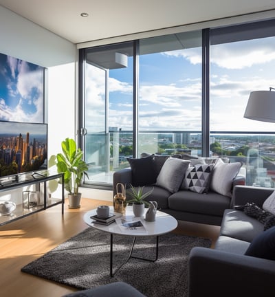 A modern living room with large windows offering a view of the city skyline