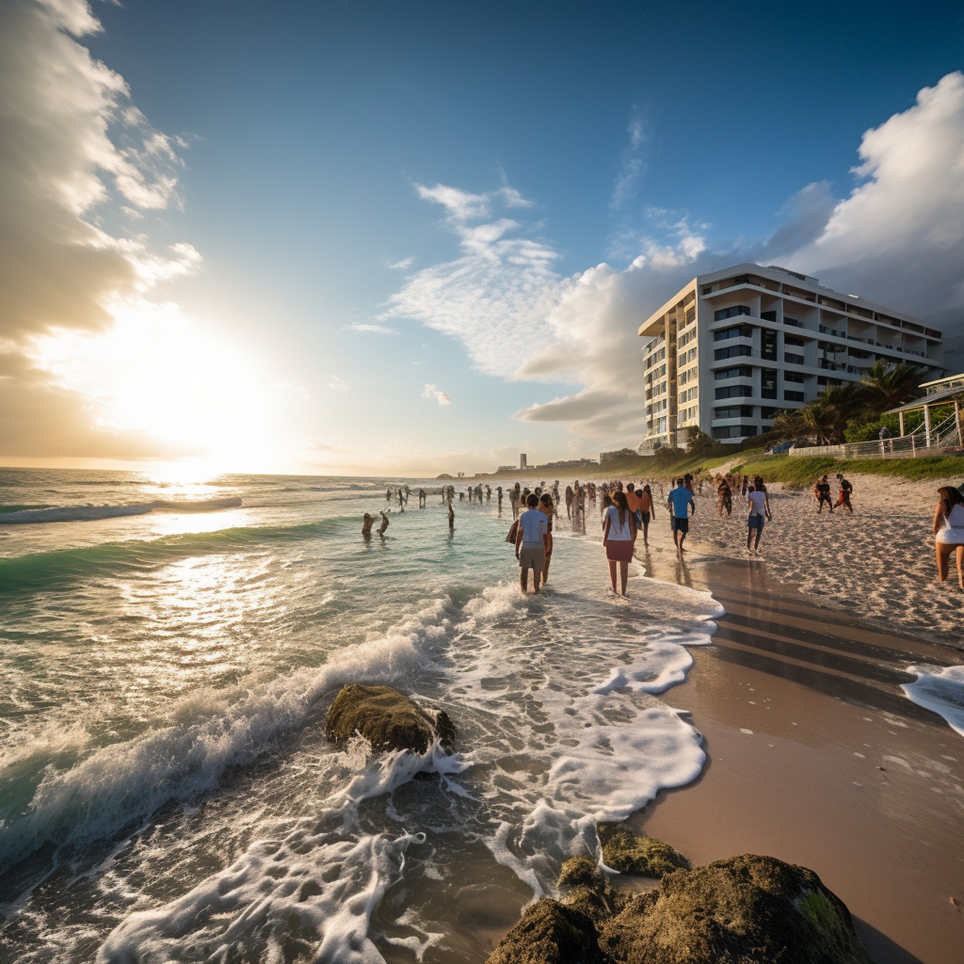 A serene sunset beach scene with people walking along the shore, ocean waves in the background