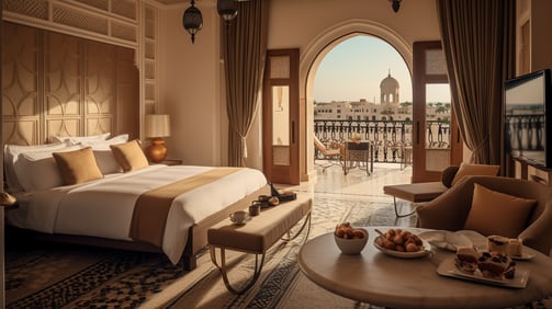 A hotel room with a large bed and a balcony A hotel room with a large bed and a balcony