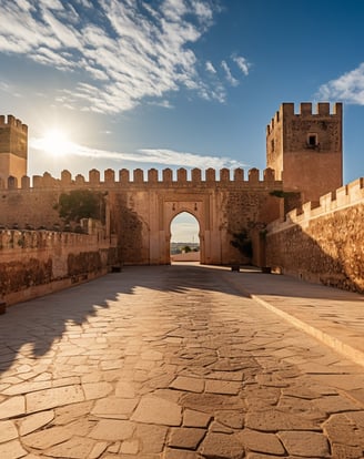 an establishing shot of Kasbah of the Udayas fortress in Rabat, Morocco.