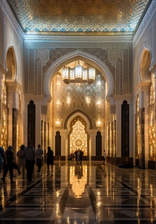 the interior of the Mausoleum of Mohammed V at night.