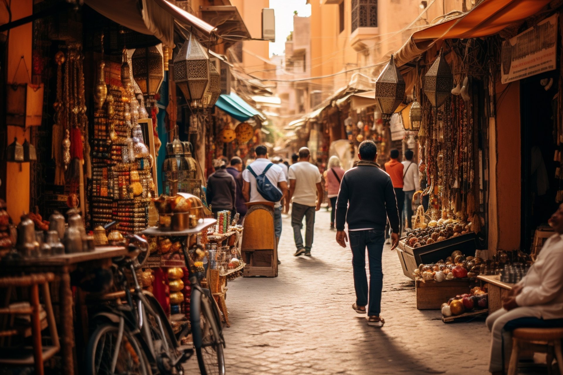 A man strolling through a bustling Moroccan market, surrounded by colorful stalls and traditional architecture A man strolling through a bustling Moroccan market, surrounded by colorful stalls and traditional architecture