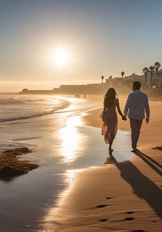 a couple holding hands as they stroll Oudayas Beach in Rabat, Morocco on a sunny day.