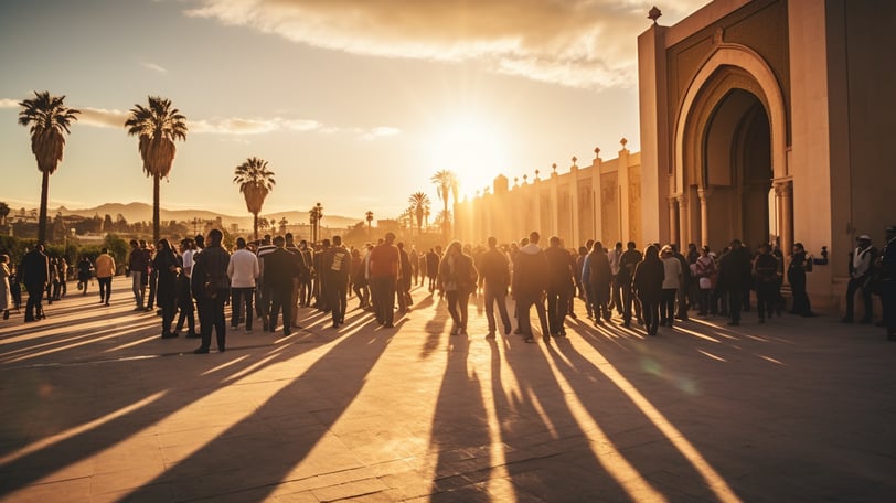 Tourists at the Mausoleum of Mohammed V in Rabat during sunset.. Tourists at the Mausoleum of Mohammed V in Rabat during sunset..