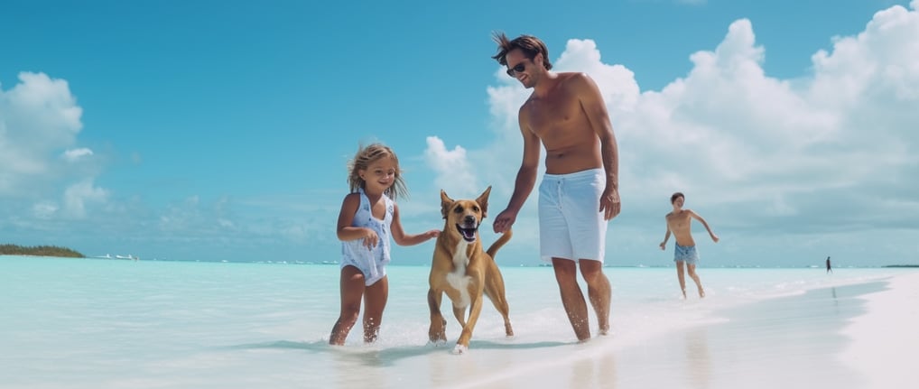 A baby girl , her father and their pet dog are playing in front of beach