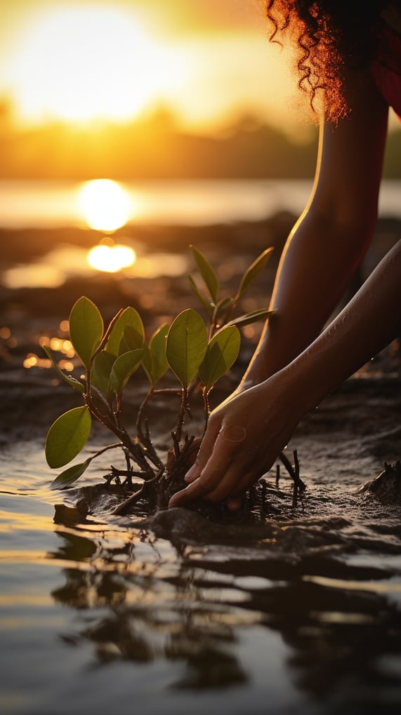 A woman's hand gently touches a plant submerged in water.