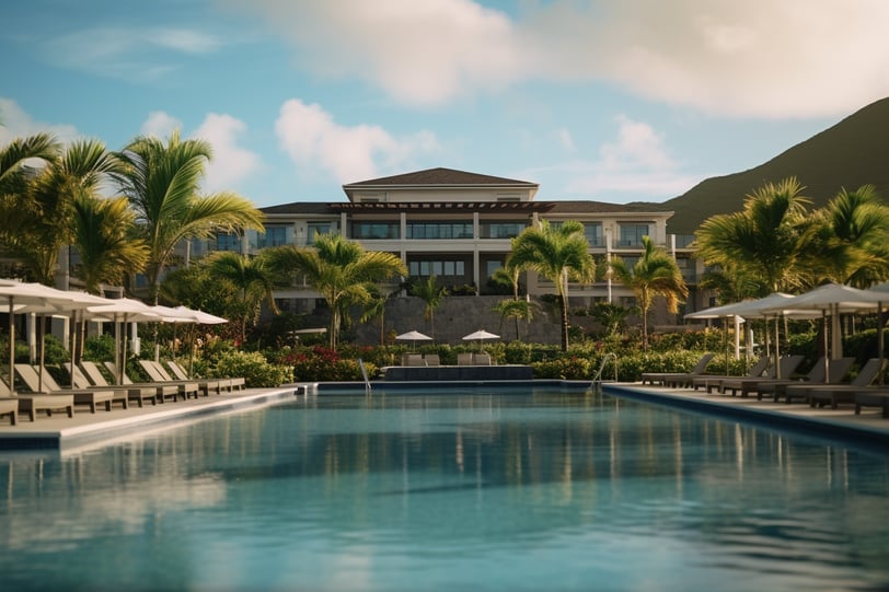 1. A picturesque view of luxurious hotels in St. Martin, showcasing stunning architecture and beautiful tropical surroundings.