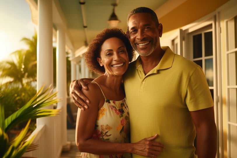 A happy couple stands on a porch, sharing smiles, capturing a moment of joy and connection in their outdoor space.