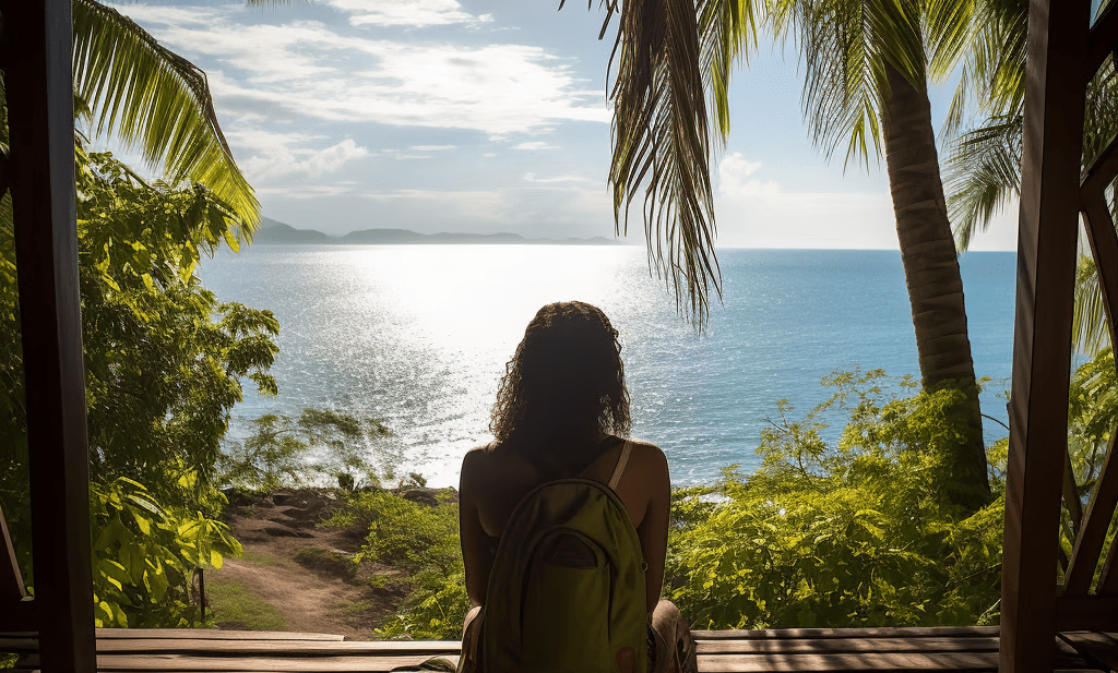 A woman sitting on a wooden deck overlooking the ocean, feeling peaceful and serene.