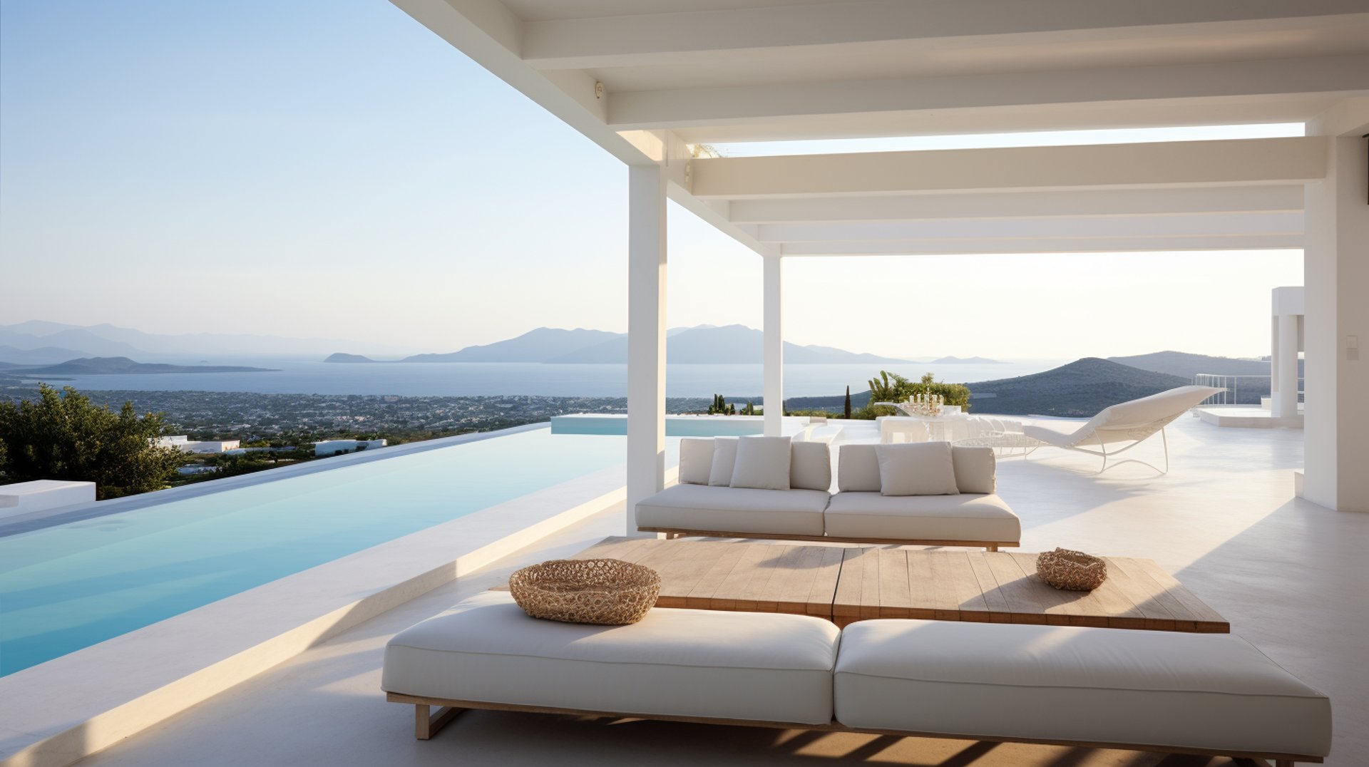 A white patio overlooking the ocean.
