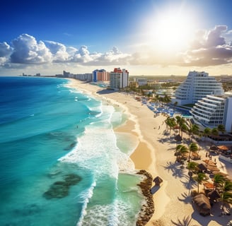 Scenic daytime view of Cancun, Mexico with palm trees, blue skies, and clear waters. Scenic daytime view of Cancun, Mexico with palm trees, blue skies, and clear waters.